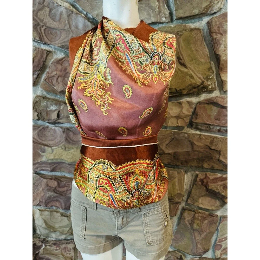 100% Silk Skinny Scarf Twilly Colorful Baroque Como Italy Vintage‎  big see pics